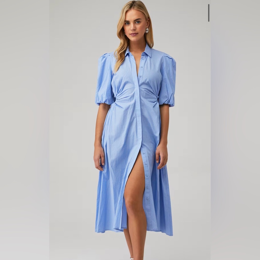 BARDOT CUT OUT MIDI SHIRT DRESS in Blue Stripe NWT size US 4/S